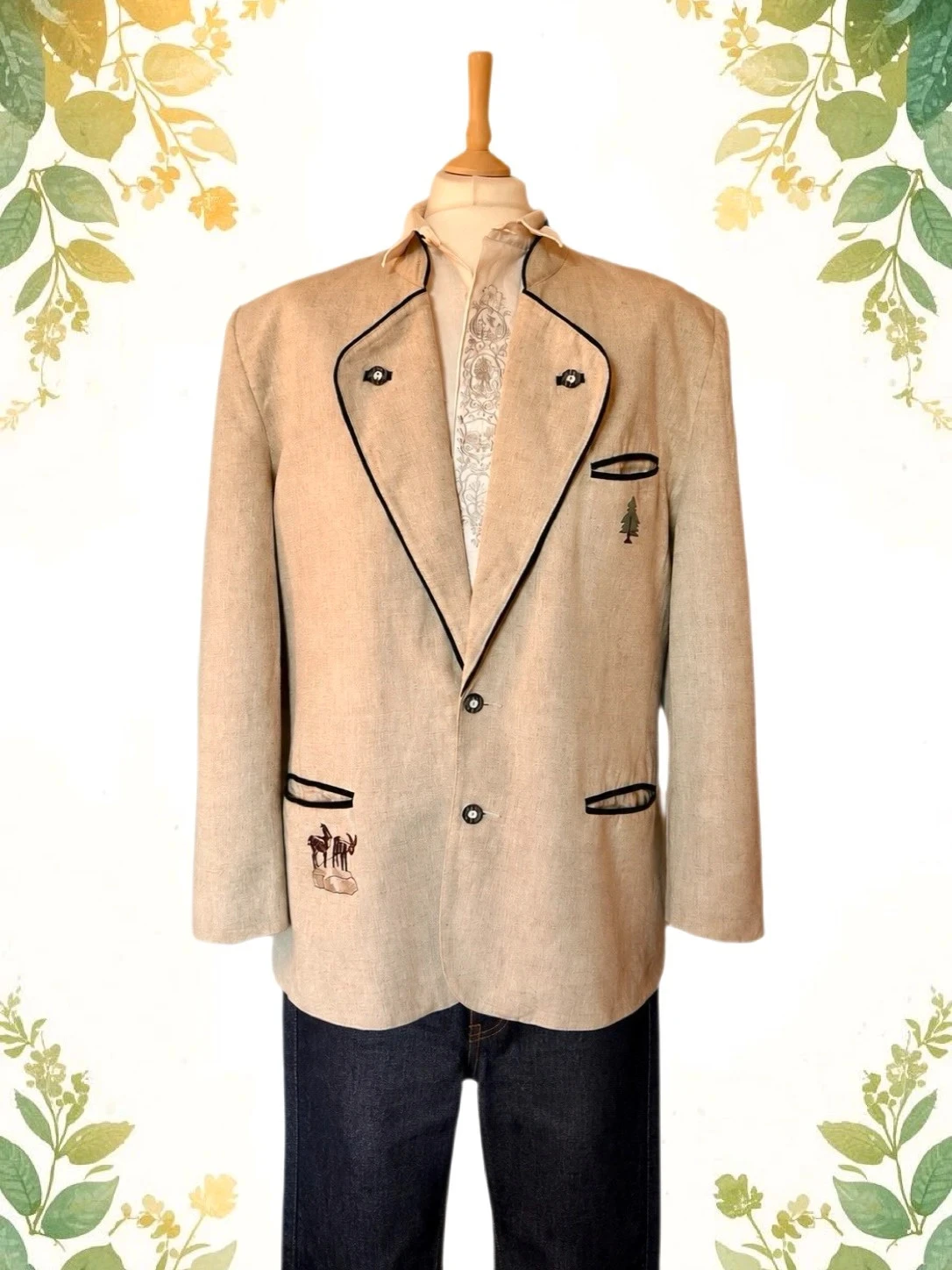 🌲🦌Blazer en lin autrichien Champêtre Cottagecore Oktoberfest Austrian Trachten linen jacket T.52🦌🌲